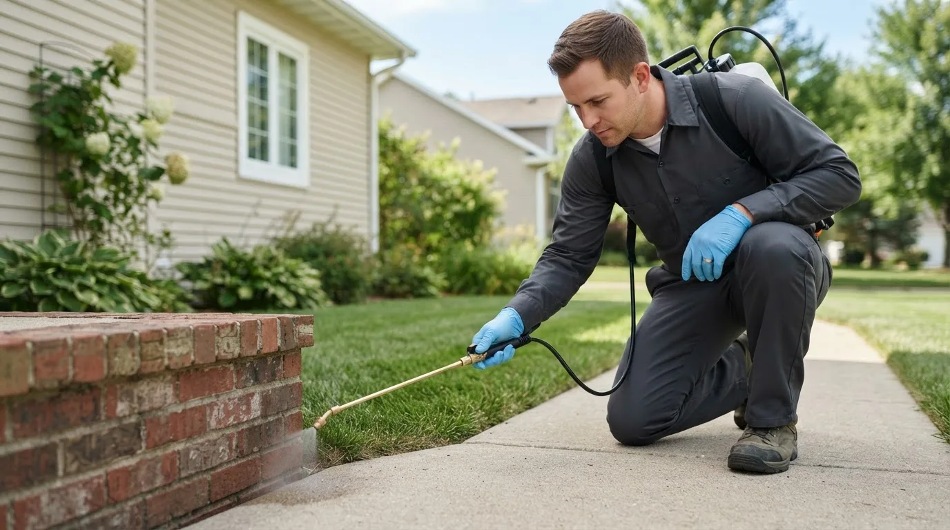 Pest control technician treating a home near Woodland Park, CO